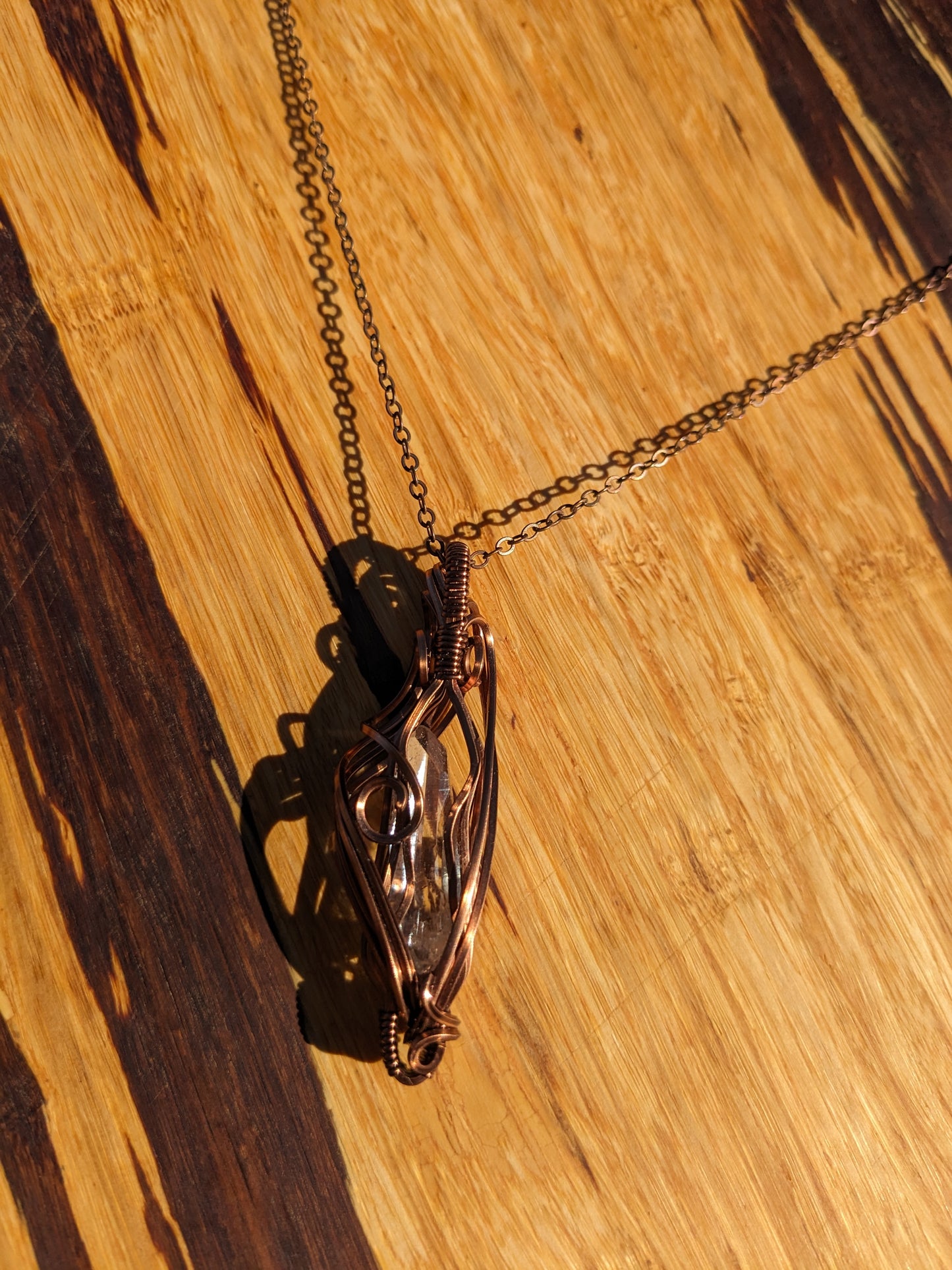 Copper wire wrapped quartz pendent on copper colored chain (N0005)