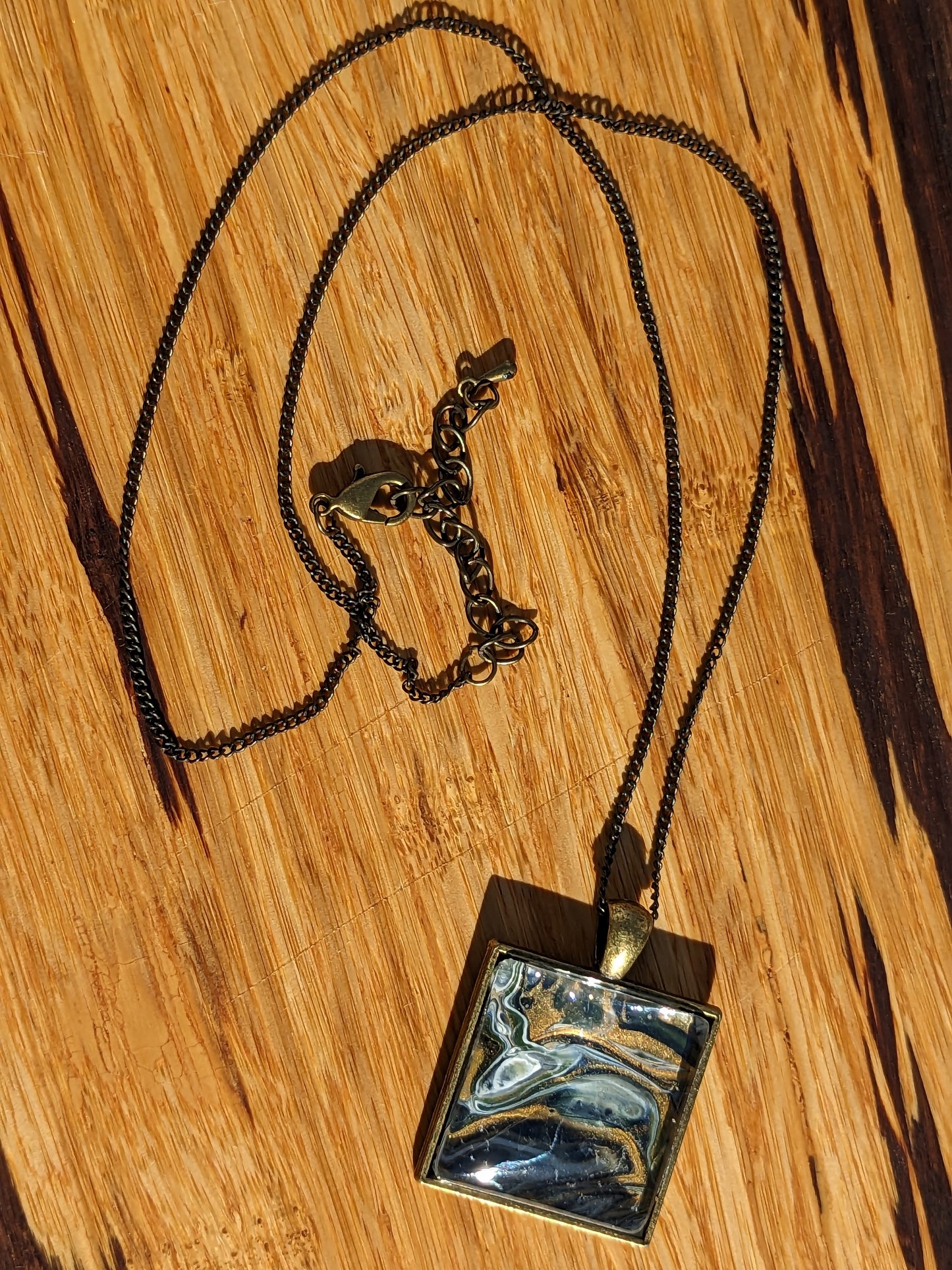 Gold navy and white acrylic pour square necklace (N0002)