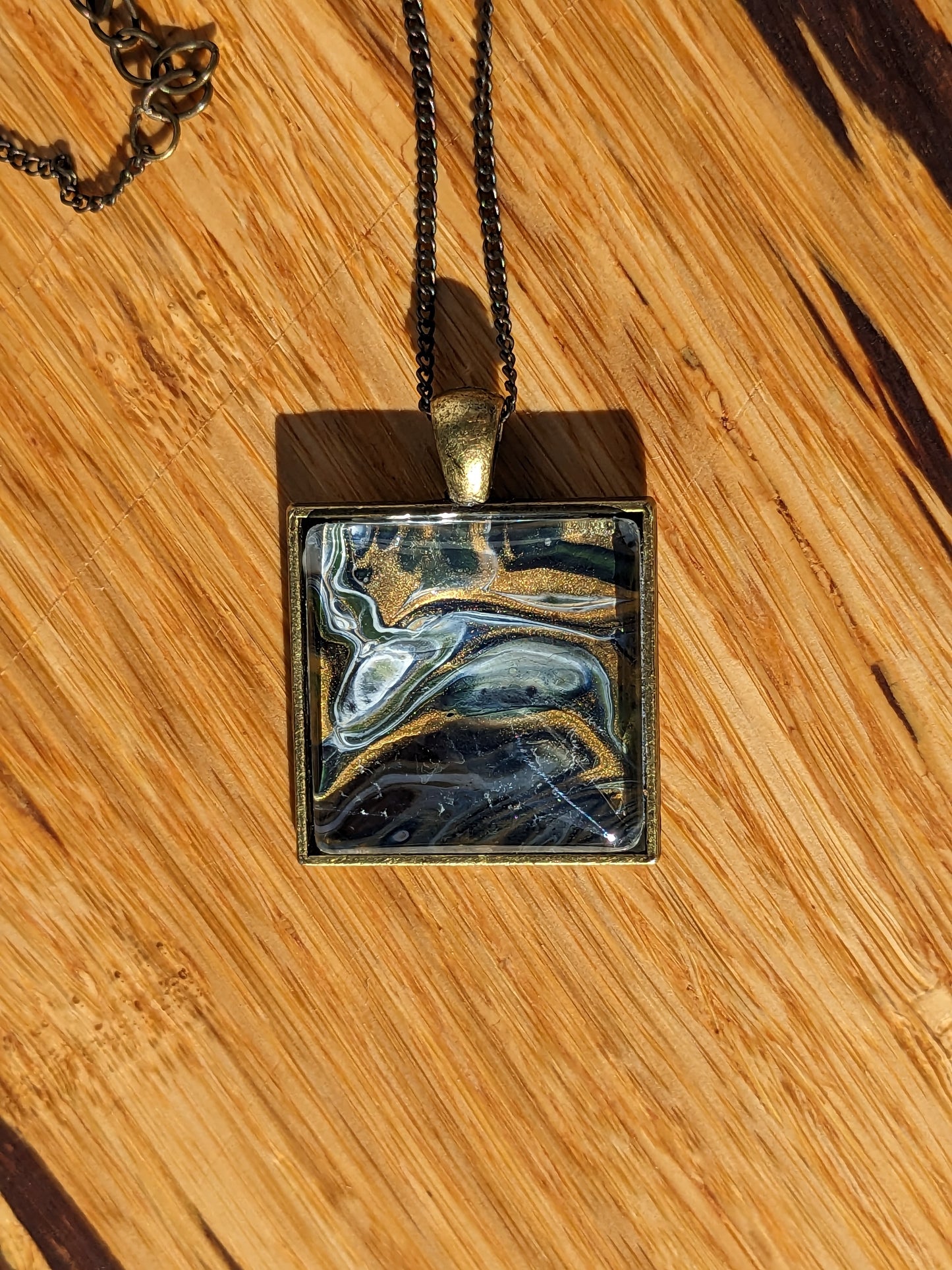 Gold navy and white acrylic pour square necklace (N0002)