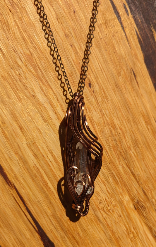 Copper wire wrapped quartz pendent on copper colored chain (N0005)